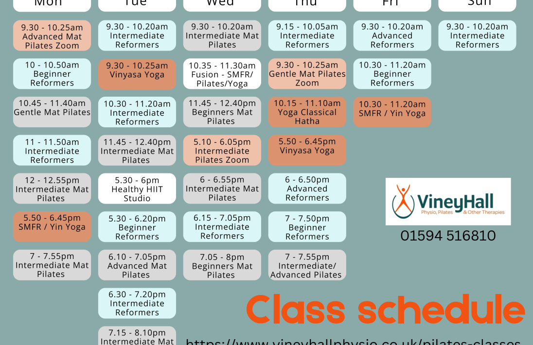 Class Schedule for Pilates and Yoga at Viney Hall