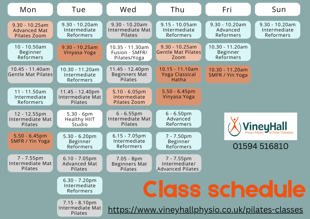 Class Schedule for Pilates and Yoga at Viney Hall