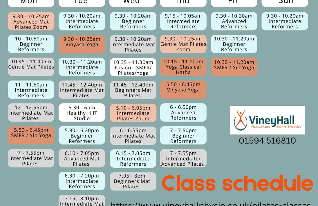 New Year Updated Class Schedule for Pilates and Yoga at Viney Hall